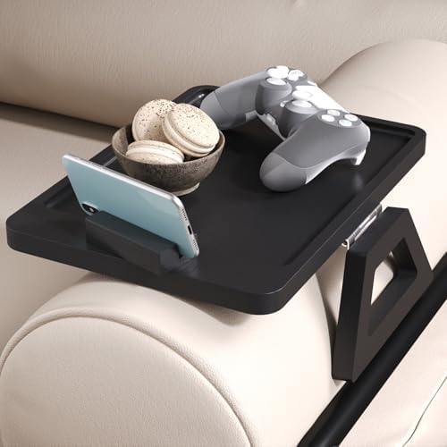 Couch Arm Tray with 360°Phone,Bamboo Folding Sofa Tray,Sofa Armrest Trays Clip-On Couch Desk for Drinks,Snacks,Phone,Remote Control（Black）