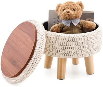 13" Round Handmade Cotton Knitted Boho Small Storage Ottoman with Wood Legs