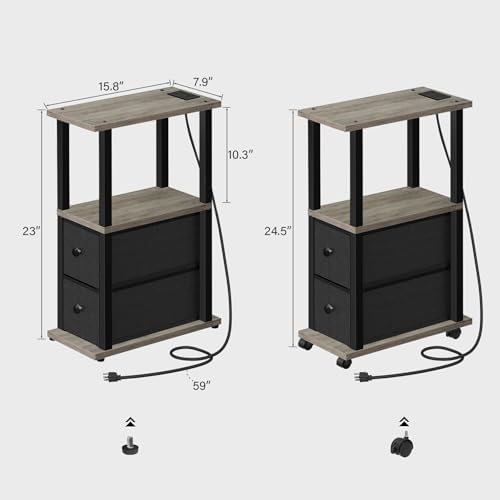 TUTOTAK Small Narrow End Tables, Side Tables with 2 Fabric Drawers, Set of 2, Bedside Tables with Charging Station for Small Spaces, Slim Nightstands with USB Ports and Wheels, TB01BG053