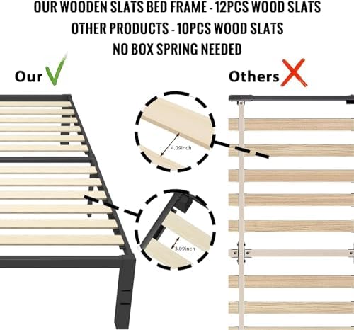 18 inch Queen Size Bed Frame with Wood Slats - 3500lbs Heavy Duty No Box Spring Needed Platform, Mattress Stoppers Double Metal Noise Free Bedframe with Headboard Hole