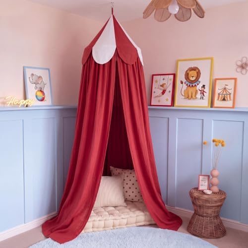 Bed Canopy with Scalloped Edge, 2 Panel Striped, Red