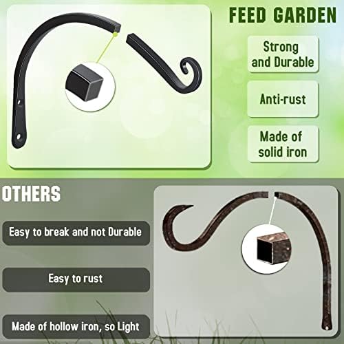 FEED GARDEN Heavy Duty Plant Hooks - 2 Pack 14 Inch Wall Mounted Hanging Brackets, 57lb Capacity Steel Plant Hangers for Bird Feeders, Baskets, Wind Chimes Outdoor Indoor- Black