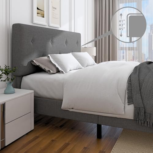 Full Size Linen Bed Frame with Adjustable Headboard Grey