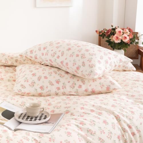 Floral Duvet Cover Set Queen Size, 3 Pieces Pink Flower and Green Leaf Pattern, Soft Microfiber Reversible Cottagecore Bedding Set with 2 Pillowcases, Comforter Insert Not Included, Cream