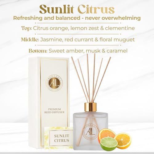 Frosted Reed Diffusers Sticks in Oil Set with Sunlit Citrus Scent | Long-Lasting Reed Diffusers for Home, Office, Bathroom, & Bedroom Decor Fragrance Diffuser | Frosted Diffuser | (5 oz)