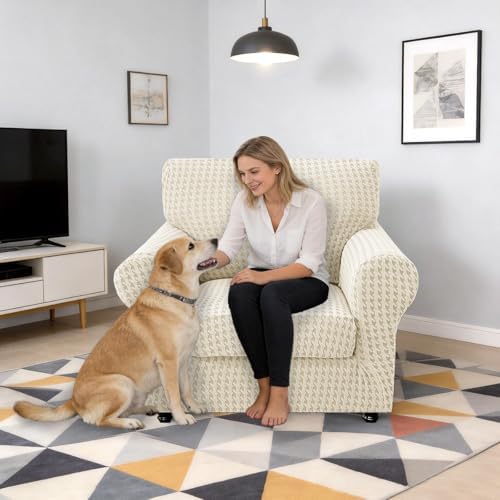 MAXIJIN 2 Pieces Stretch Chair Cover Armchair Covers for Living Room Thick Soft Chair Slipcovers with Arms Dogs Pet Single Sofa Couch Protector with Elastic Bottom (Beige, 31"-46")