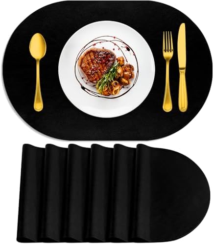 ADRIMER Oval Placemats Set of 6, Wipeable Faux Leather, Black