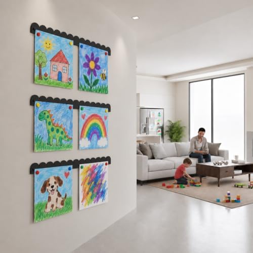 Scalloped Magnetic Art Display for Kids Artwork & Photos (Set of 3) – Kids Artwork Display for Wall – Magnetic Photo Display Strips with Push-Pin Magnets (Black, 23in (3 Pack))