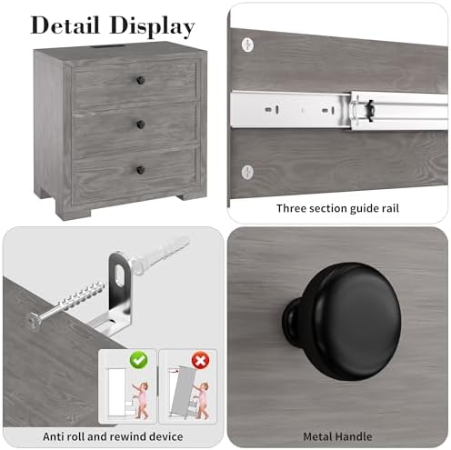 COWMOU Nightstand with Drawers 3 Drawer Night Stand with Charging Station Farmhouse Style Large Bed Side Table Wooden Dresser for Bedroom Living Room (1, Grey Grain)