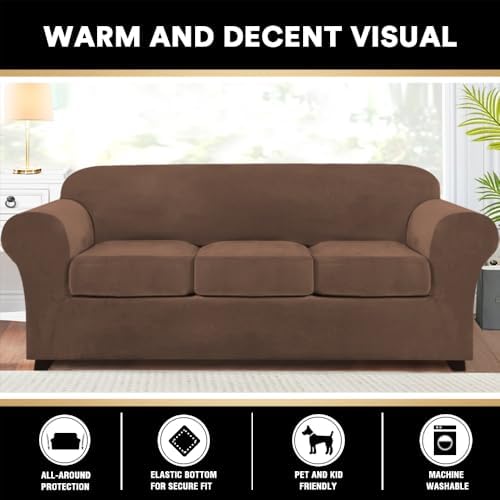 PrinceDeco Velvet Couch Covers for Sofa Soft 4 Pieces Couch Covers for 3 Cushion Couch Sofa Pet Friendly Furniture Protector with Non Slip Elastic Bottom Width Up to 90 Inch (Large, Caramel)