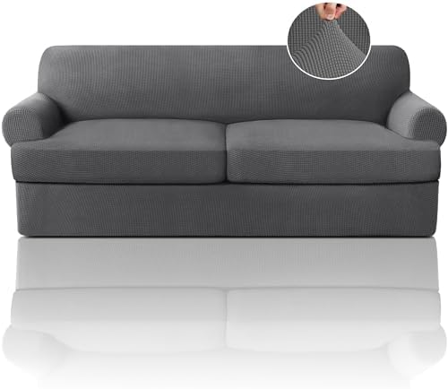 PrinceDeco T Cushion Sofa Slipcover 3 Pieces Sofa Covers for T Cushion Couch Soft Couch Covers Sofa Slip Cover Furniture Covers with 2 Individual T Shape Seat Covers Width Up to 88", Grey