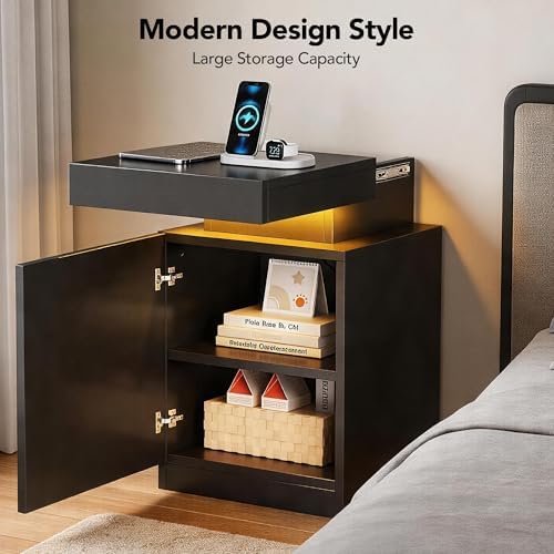 Nightstand with Charging Station and LED Lights, 17.7 Inches LED Night Stand with Sliding Top Storage, Adjustable Shelf, Bedside Table, Modern End Table for Bedroom, Single, Black