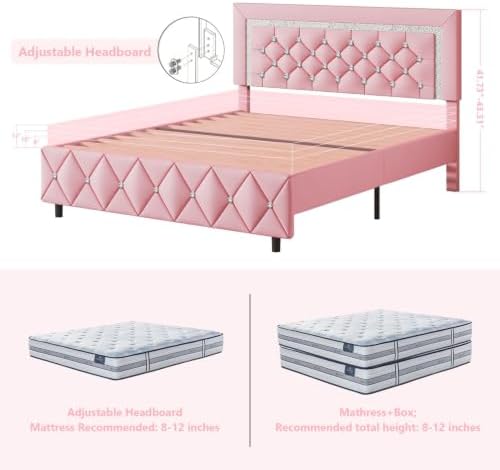 Lullabyre Full Size Bed Frame with Headboard, Faux Leather Bed with Diamond Tufted Design, Bed Frames Full with Wood Slats Support, No Box Spring Required, Easy Assembly, Pink