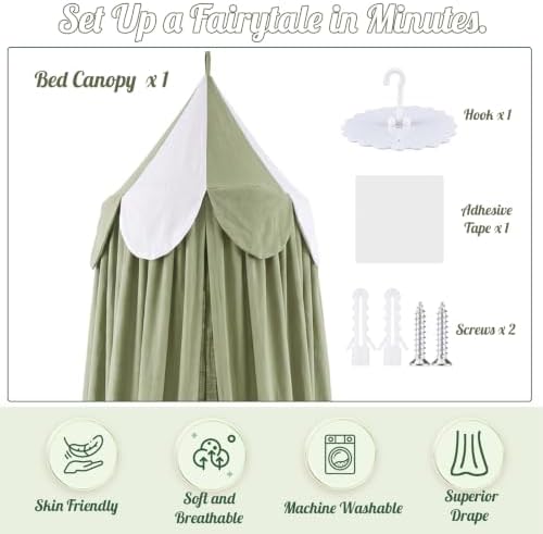 Bed Canopy with Scalloped Edge, 2 Panel Striped, Green