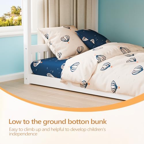 JOYMOR Solid Wood Low Twin Over Twin Bunk Bed for Kids/Junior, Bunk Bed Frame with Guardrails & Ladder for Boys Girls, No Box Spring Needed (White)