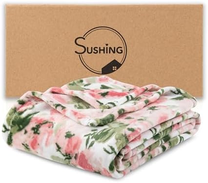 Luxury Printed Fleece Warm Blanket, Soft Lightweight Velvety Plush Throw for Couch and Bed, Cozy Comfy for All Seasons(Ivory Pink Flowers, 70×90 Inches)