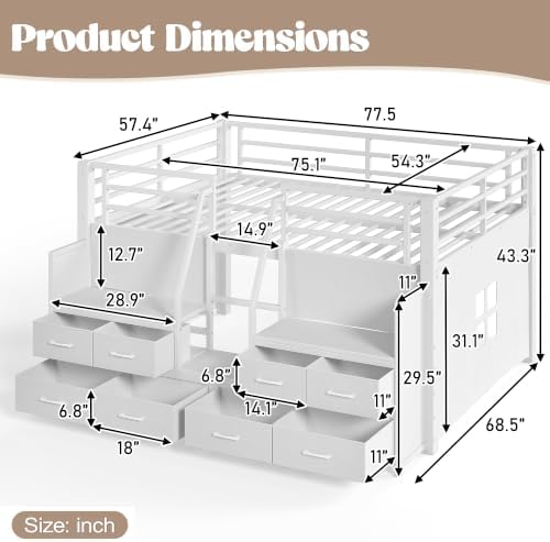 Bellemave Low Loft Bed Full Size with Storage Shelves & Fabric Drawers, Metal Full Loft Bed for Kids with LED Lights & Under-Bed Play Area, Low Loft Bed Frame for Bedroom, No Box Spring Needed, White