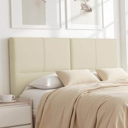 Upholstered Headboard Queen Size, Solid Wood Head Board with Sturdy Metal Legs, Leather Bed Headboard with Height Adjustable, Beige