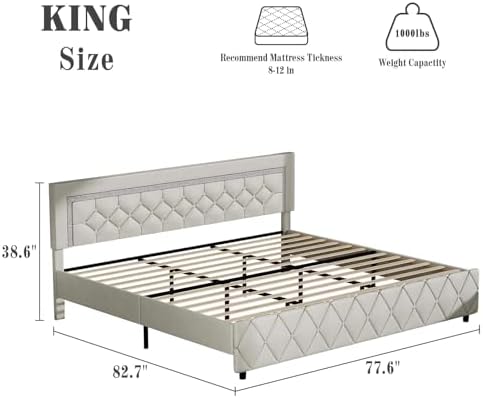 BarnFurin King Bed Frame with Diamond Tufted Headboard,Cream