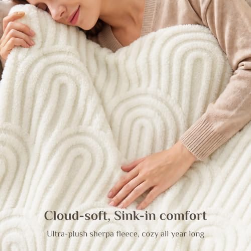 BEDELITE Cream White Boho Fleece Throw Blanket for Couch, 50x60 Inches