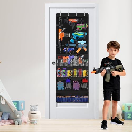 Over the Door Organizer for Toy Guns, Hanging Storage with Pockets and Adjustable Straps for Foam Blasters, Darts, Goggles & Accessories, Door Mount Organizer for Playrooms and Game Rooms
