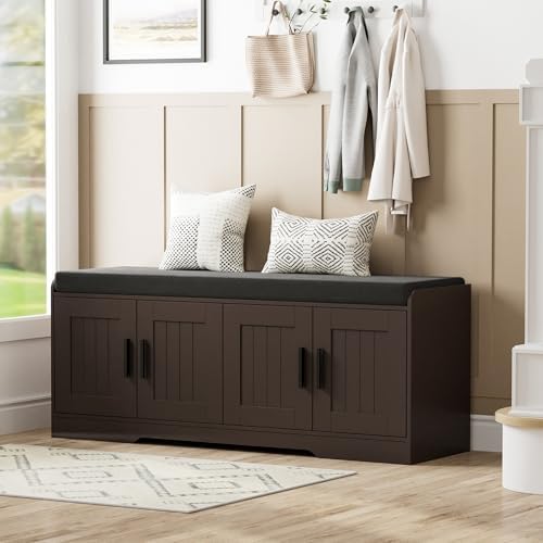 Homleke Shoe Storage Bench, 4 Doors & Thickened Padded Seat Cushion