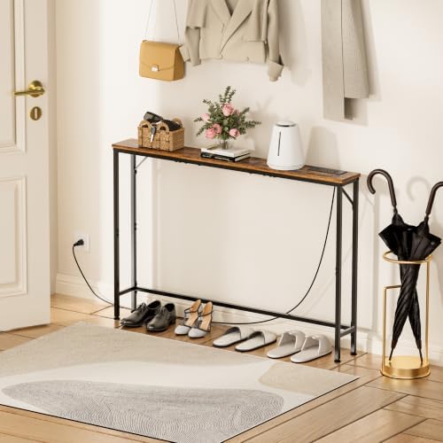 47.2" Console Table with Power Outlets, Narrow Entryway Table with Charging Station, Skinny Sofa Table for Entryway, Living Room, Foyer, Corridor, Office, Rustic Brown