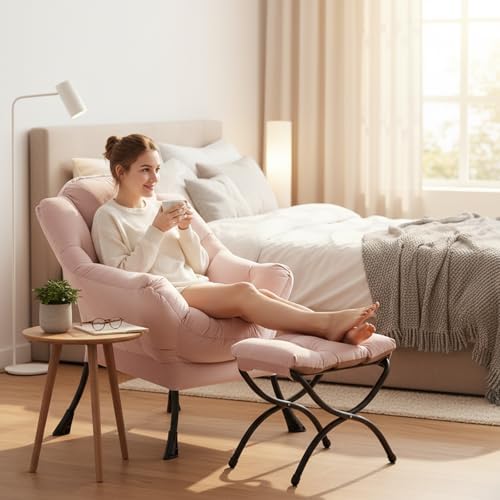 Welnow Lazy Chair with Ottoman, Reading Chair with Footrest, Pink