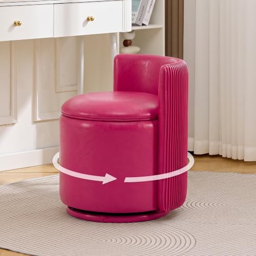 Faux Leather Vanity Chair with Storage,360° Swivel Makeup Chair,Fuchsi Pink