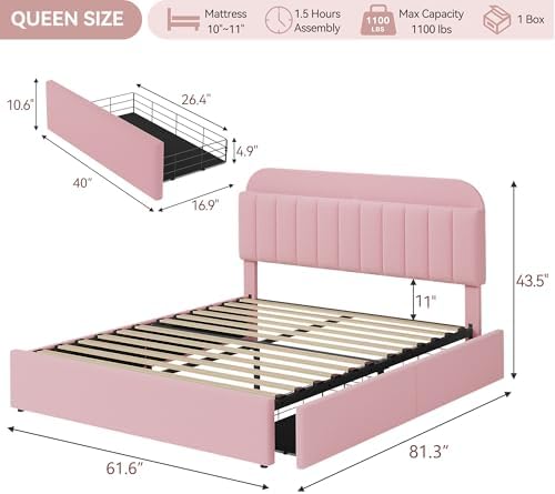 GarveeHome Queen Bed Frame, Platform Bed with Storage Headboard & Drawers