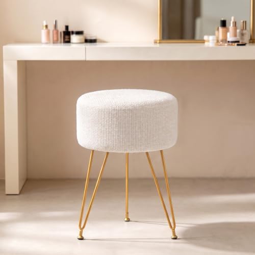 DUMOS Vanity Chair, Velvet Vanity Stool, Round Ottoman Foot Rest, Beige