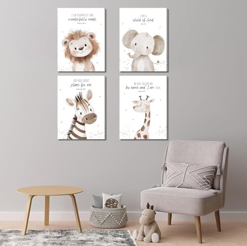 4Pcs Nursery Bible Verse Animal Canvas Wall Art Funny Cute Safari Animals Christian Painting Picture Wall Decor Lions Elephant Giraffe Zebra Poster Print Artwork for Boys and Girls Home Decoration