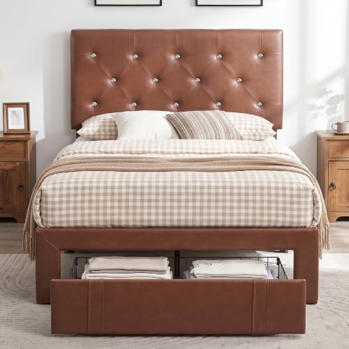 VECELO Twin Size Bed Frame with Storage Drawers, Leather Upholstered with Diamond Tufted Headboard, Solid Wood Slat Support, No Box Spring Needed, PU & Brown