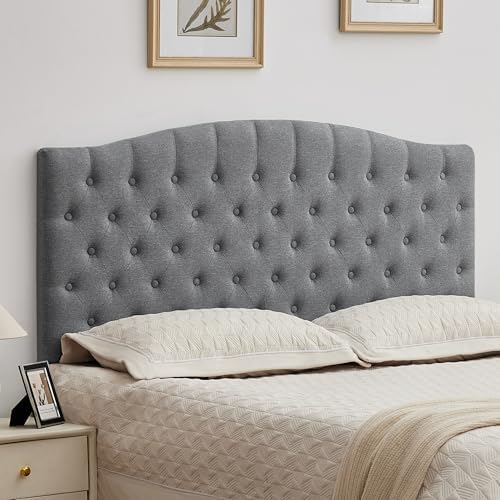 Tufted Tall Queen Size Headboard, Linen Button Diamond Headboards, Gray