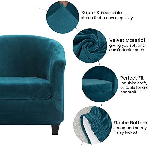 MIFXIN 2 Piece Velvet Tub Chair Covers with Cushion Cover Stretch Removable Tub Chair Slipcovers Armchair Sofa Couch Furniture Protector for Living Room Club Bar Counter (Peacock Blue)