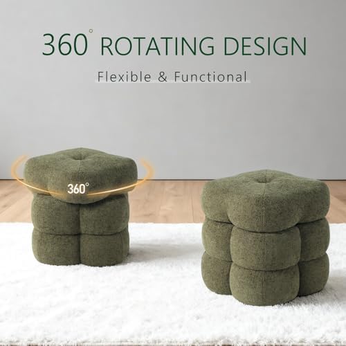 Get Set Style 360° Swivel Flower Ottoman, Linen Vanity Stool Footrest with 300LBS Capacity, No Assembly Small Space Accent Chair for Living Room Bedroom Entryway (Olive Green)