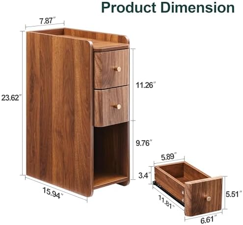 FurSch Narrow Nightstand, Wooden Small 2 Drawer Night Stand (Walnut-1 pc)
