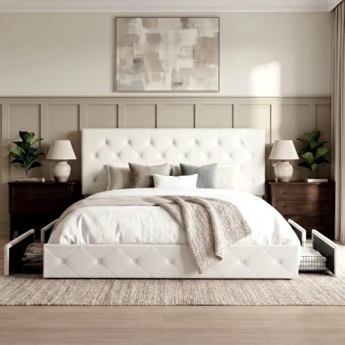 Allewie King Size Storage Bed Frame with 4 Underbed Drawers, Upholstered Platform Bed with Adjustable Headboard, Diamond Button Tufted, Easy Assembly, Noise-Free, No Box Spring Needed, White