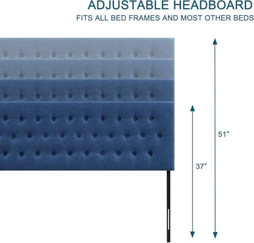 Tufted Upholstered Headboard Full Size, Adjustable Height 37- 51 in, Blue