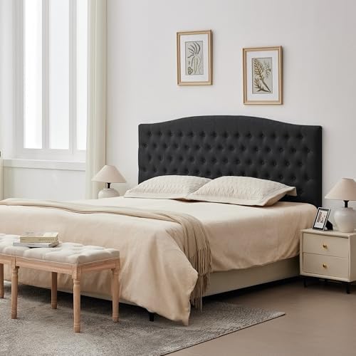 Tufted Tall King Size Headboard, Linen Button Diamond Headboards, Black