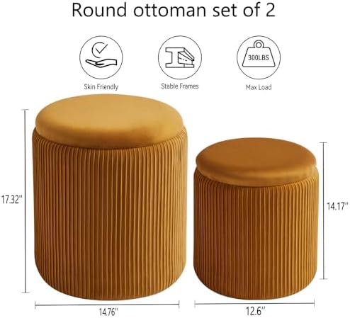 BLEXA Set of 2 Round Storage Ottoman, Yellow Velvet Stool with Storage