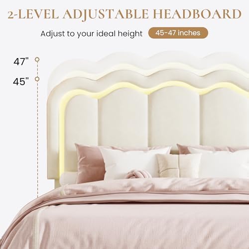 SHA CERLIN Queen Size Bed Frame with LED Lights and Storage Drawer, Cream