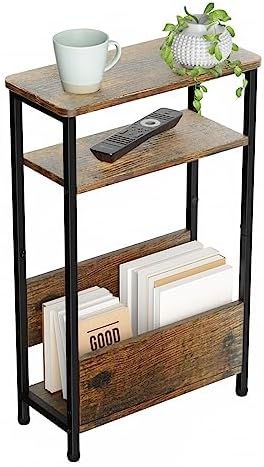 THUMEYE 7.1" Narrow Side Table for Small Spaces, 3 Tier Small End Table with Magazine Holder, Slim/Skinny Nightstand/Bedside Table for Living Room, Bedroom, 15.4" L x 24.2" H