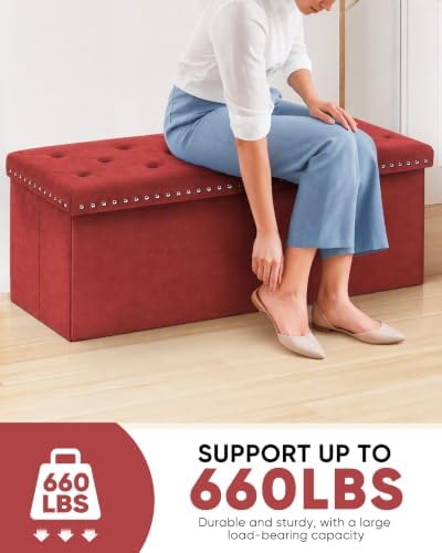 B FSOBEIIALEO Storage Ottoman Bench, 43" Velvet Ottoman With Storage, Red