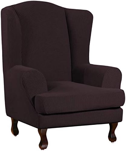 Turquoize Wingback Chair Covers 2 Piece Wing Chair Slipcover Stretch Slipcovers for Wingback Chairs Wing Chair Cover Spandex Jacquard Fabric with Elastic Bottom Non-Slip Furniture Cover, Brown