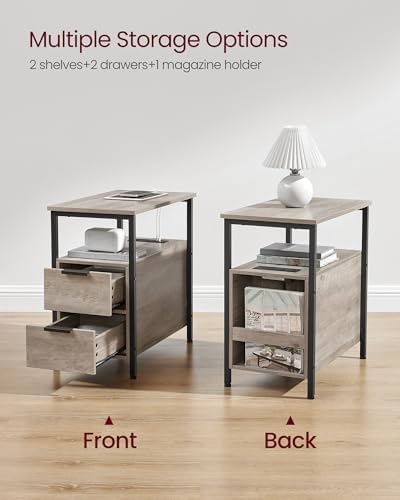 VASAGLE Side End Table with Charging Station, Slim Nightstand with Storage