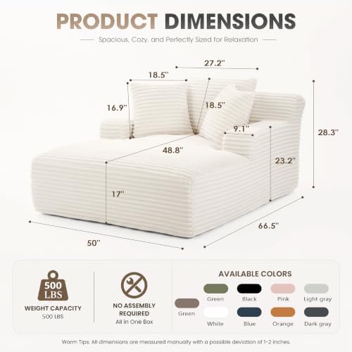 66" Chaise Lounge Chair Indoor, Corduroy Upholstered Reading Chair Oversized Boneless Chair with Deep Seat, Cloud Lounge Chair with 3 Pillows for Living Room, Bedroom, No Assembly Required