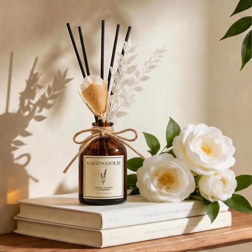 Reed Diffuser Set, Lavender Scent Diffuser with 10 Sticks & Decorative Flower, Long Lasting Diffusers for Home Fragrance, Vintage Decor for Bathroom Bedroom Office Shelf, 5 Fl.oz