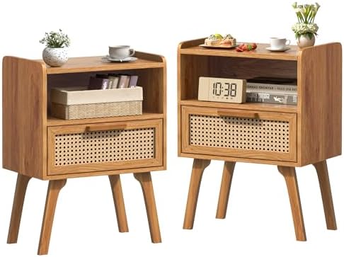 Lerliuo Rattan Nightstands Set of 2, Side Table with Drawer