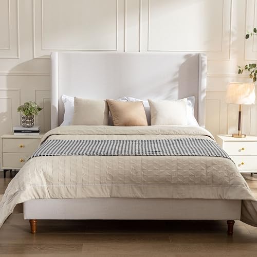 King 54" Tall Headboard Wingback Upholstered Platform Bed Frame Premium Elegant Simplicity for Bedroom King Bed Without Wooden Slats Box Spring Required Easy Assembly Textured Ivory Canvas